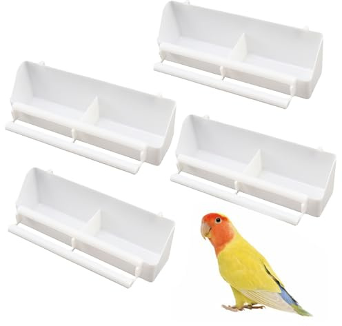 Lezevn 4 Pieces Bird Cage Feeder White Plastic Bird Food Bowl Hanging Parrot Water Food Feeding Bowls with Compartment Standing Rods Bird Food Dispensers for Small Birds Canary Sparrow