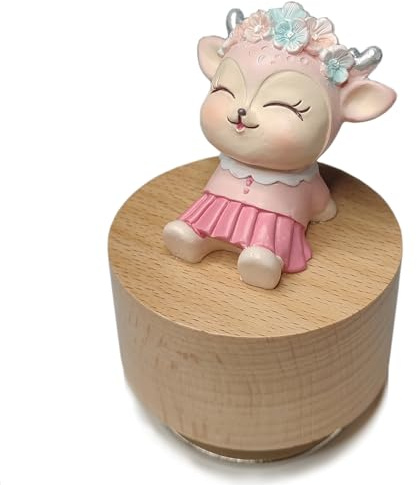 falado Mini caja de música giratoria de madera con bonito adorno de ciervo (melodía: Edelweiss), beige y rosa