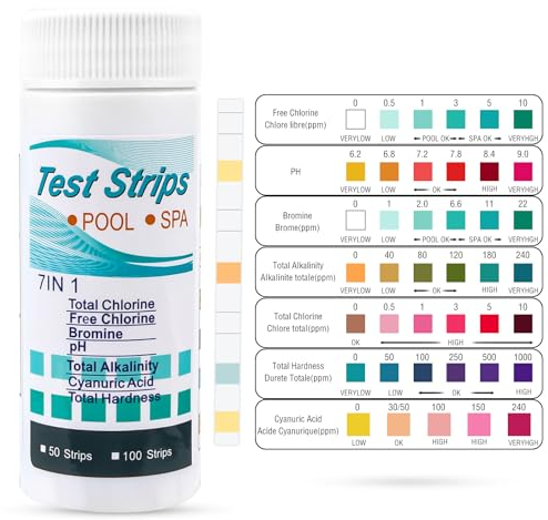 7 in 1 Pool Teststreifen,100-Streifen-Pool-Test-Streifen für oberirdischen Pool, Pool-Test-Kit Genaue Prüfung Chlor, Härte, Brom, Alkalinität, Cyanursäure-pH