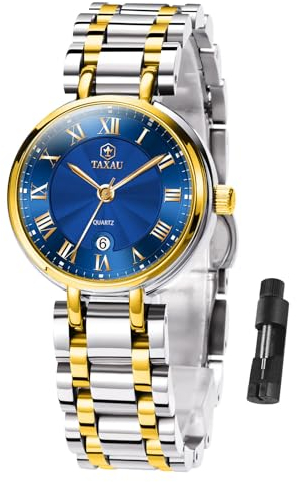 Taxau Armbanduhr Damen Gold Silber Edelstahl Wasserdicht Analog Quarzuhr mit Blauem Zifferblatt Damenuhren Elegant Klein für Frauen
