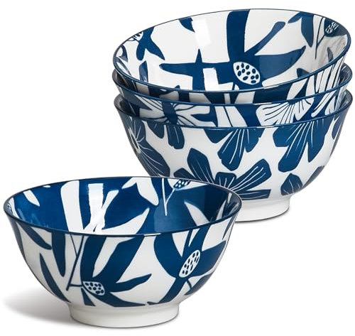 ONEMORE Set di 4 ciotole in ceramica per cereali, 590 ml, ciotole in porcellana blu per dessert, gelato, frutta, antigraffio, utilizzabili in microonde, lavastoviglie e forno, ciotole impilabili