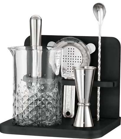 Crystal Cocktail Mixing Glass Set with Bamboo Stand - 22 Oz 650ml - Thick and Sturdy Bottom, Durable and Seamless Design with Bar Accessories