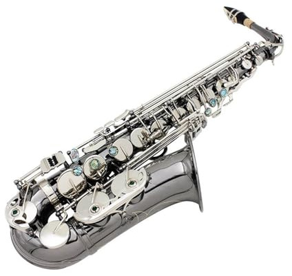 Saxophone Professionnel Altsaxophon E-Dur Korpus aus Messing geschnitzte Abalone-Muschelknöpfe schwarz vernickelt Saxophon Blasinstrument