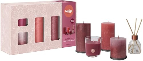 Bolsius Rustik Stumpenkerzen mit Duftstäbchen und Duftkerze - Geschenkset 5 Stück - Fruit Splash - Granatapfel - Länge Brenndauer - Enthält Natürliches Pflanzenwach - Muttertag