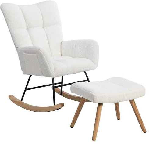 KOOMAL Nursing Rocking Chair with Footstool, High Backrest Comfy Rocking Armchair Glider Chair Lounge Chair for Adults Living Room Bedroom