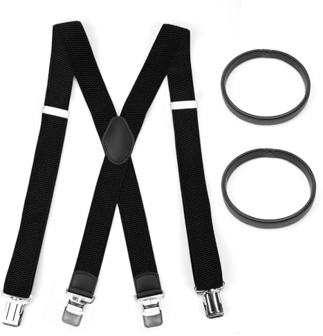 YNOYMO Hosenträger Suspenders für Herren Schwarz Ski Hosenträger 4cm Breit 4 Metall Clip Extra Stark in X-Form mit 2 Ärmelhalter Einstellbar Elastisch Einheitsgröße für Männer und Damen