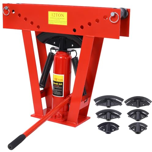 12 Ton Hydraulic Pipe Bender, Steel Exhaust Pipe Bender with 6 Precision Dies (1/2-2), Adjustable Rollers, 90°-180° Bending, Manual Tubing Bender for Steel, Copper, Metal Pipes (12 TON,Red)