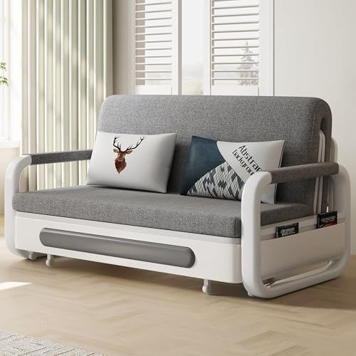 Convertible 128cm Sofa Bed with Storage Grey Sleeper Futon for Small Spaces | Removable washable mattress cover;hidden storage space;dual armrests;2-in-1 sofa bed design;carbon steel frame