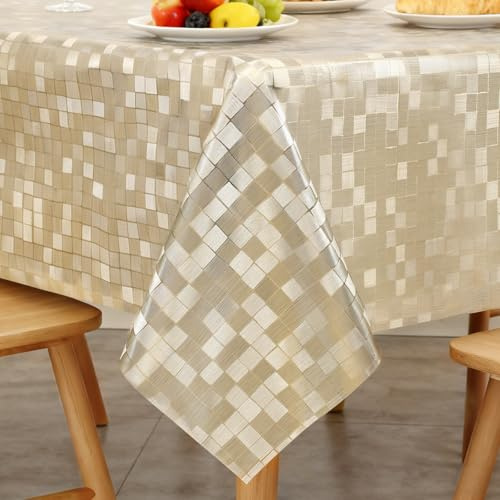 FAVE Rectangular PVC Tablecloth 55x78 Inch Gold Embossed Waterproof Heavy Duty, Oilcloth Vinyl Stain-Resistant for Dinner Party Wedding Banquet(Gold Checkered, 55x78Inch)