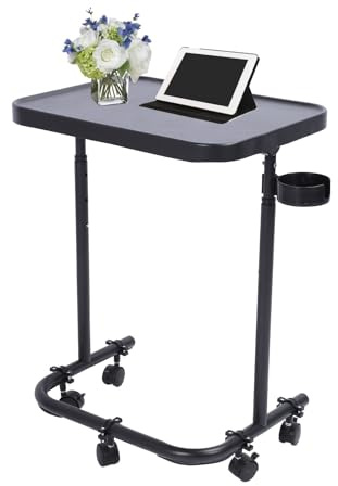 Fabater Table de Chevet sur Lit avec Roues, Table de Chariot de Bureau à Ordinateur Portable Roulant, Tables de Plateau de Réglage de 3 Niveaux avec Porte-Bois pour à Domicile