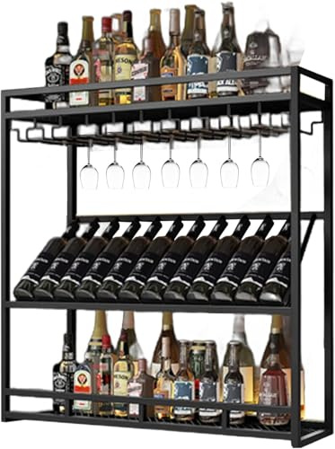 Casier à Vin Mural, Casier à Vin Moderne en Métal De Grande Capacité avec Porte-Bouteilles Et Porte-gobelets, étagère Multifonctionnelle à 3 Niveaux pour Suppo, Black, 100cm/39.4in