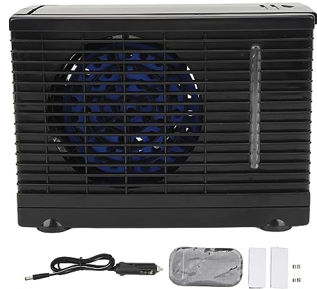 Car Air Cooler 2 Speed Adjustable Portable Mini Air Conditioner Cooling Fan for Cars Trucks RVS with Power Cord Fuse Sticker Anti Slip Mat ABS Metal Material