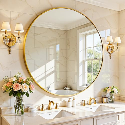 Antok Spiegel Rund, 76cm Gold Dekorative Wandspiegel für Bad, Eitelkeit, Wohnzimmer, Eingangsbereich, Runder Spiegel Hängend oder Lehnend, Aluminium Rahmen