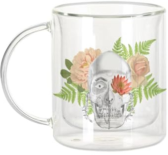 Fabulous Mug Verre Double Paroi - Squelette Fleurs Mexico Muerte Biologie Illustration Ancienne - Tasse a Cafe et The Isotherme 330ml Effet Suspendu Anti-Brulure Imprime en France