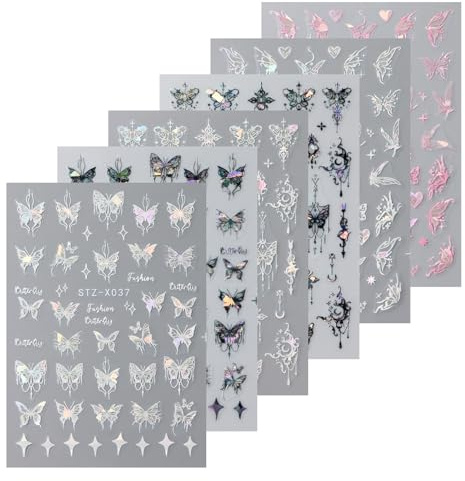 6 Stück Blätter Schmetterling Nagelsticker Set - 3D Selbstklebend Metallic Schwarz Silber & Laser Aurora Pink Weiß Nail Art Aufkleber für DIY Nageldesign, NäGel ZubehöR