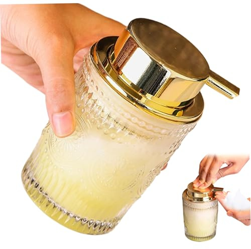Dispenser di sapone in schiuma di vetro 3, 5x5 pollici 300 ml trasparente con pompa dorata Dispenser di sapone in schiuma ricaricabile con motivo a rilievo di girasole per bagno e cucina, bottiglia a