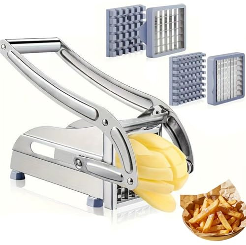MIUUIPI Pommesskärare rostfritt stål, potatisskärare, pommepress med 2 bladstorlekar och halkfri sugbas, grönsaksskärare, pommes-maskin, fritskärare, pommes-press