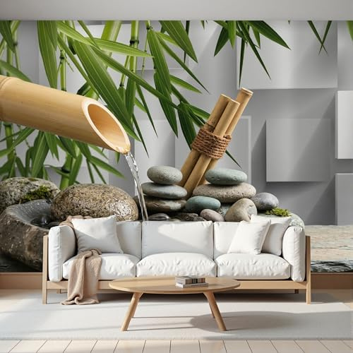 Mural Papel Pintado 3D 350Anx256Al cm, Naturaleza Muerta Zen Guijarros De Tubo De Bambú Fotomurales Tela de Seda Antiarrugas Póster Verde grisáceo, Murales Fotográfico Moderno Decoración de Paredes