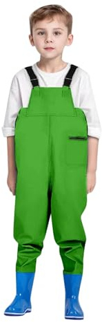 Wathose Kiinder Wathose für Jungen Mädchen Anglerhose mit Verstellbarer Schultergurt Outdoor Kinderrutschfest Bootfoot Gummi Watstiefel für Kiinder Jungen Mädchen (1-Green, 13-14 Years)