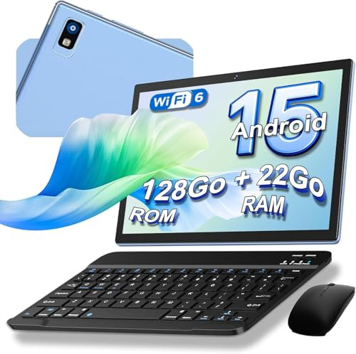 Tablet 10 Pollici Android 15, 22GB RAM+128GB ROM(1TB TF), Tablet 2in1 - Blu | Tablet con Tastiera e Mouse, Widevine L1, Octa-Core 2.0Ghz, Corpo in Metallo, 5G WiFi, GPS, GMS, Face ID, BT 5.0, 8000mAh