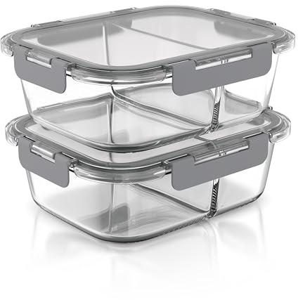 Arendo - Lunchboxen Glas - 2 Fächer - Frischhaltedosen für Lebensmittel mit Deckel luftdicht - 2er Set - 1000 ml - für Mikrowelle Ofen Gefrierschrank - Spülmaschinen geeignet - Vorratsdosen Meal Prep