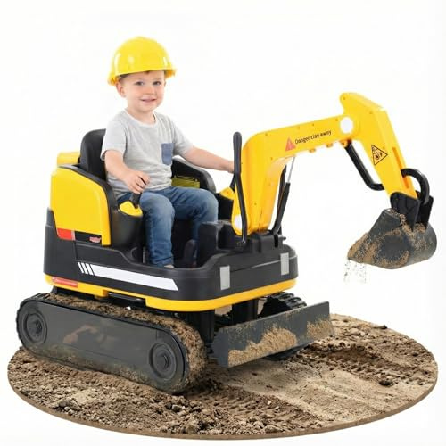 HECHT Elektro Kinderbagger 12V ab 3 Jahre bis 30 kg | Elektrischer Aufsitzbagger zum Draufsitzen, mit Fernbedienung, 2x50W Motor, Schaufel und Sound