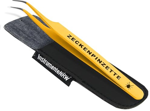 InstrumenteNrw Zeckenpinzette für Hunde Edelstahl Rostfrei Gelb 11,5 cm | Zeckenzange Katze Pinzette mit Etui für die Zeckenentfernung bei Haustieren Präziser Zeckengreifer mit gebogener Spitze