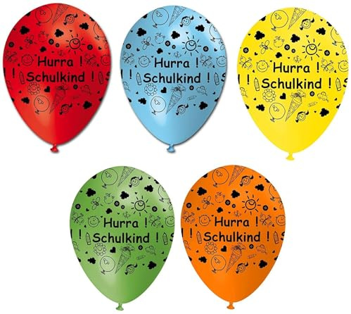 Luftballons Hurra! Schulkind ! gelb hellblau orange rot hellgrün, ca. 30 cm, 10 St.