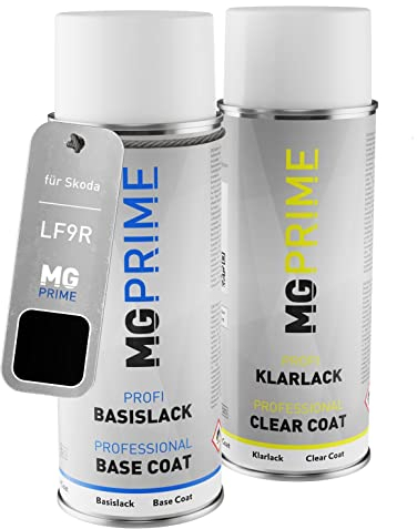 MG PRIME Autolack Sprühdosen Set für Skoda LF9R / 1Z Black Magic Metallic/Schwarz Magic Perleffekt Basislack Klarlack Spraydose 400ml