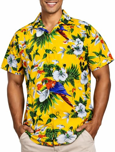 King Kameha Chemise Hawaïenne Homme Manche Courte - Chemise Aloha d’Été avec Motif Perroquet et Cerise, Légère et Facile d’Entretien