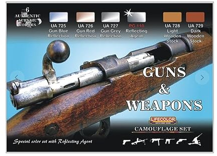 LIFECOLOR Camouflage Paints Set, Oil or Acrylic, 6x22 ml, Gun Blue, Gun Red, Gun Grey, Reflecting Agent, Light Wooden Stock, Dark Wood Stock