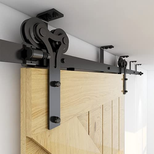 CCJH 8FT/240cm Schiebetürbeschlag Set Schiebetürsystem Deckenmontage Klammern Schwarz komplettes Set mit Y Form Laufrollen und Hängeschiene