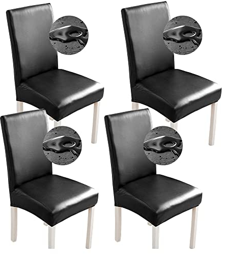 Bestenrose Stuhlhussen 6er/4er PU Leder Stuhlbezug wasserdichte Stretch Esszimmer Stuhlüberzug Stretch Stuhl Husse Universell Stuhlhussen Haus Büro Restaurant (4-Stück, Schwarz)