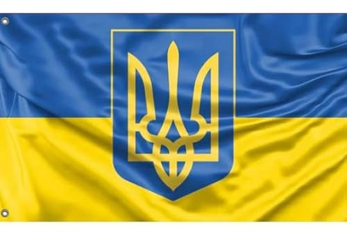 Flagge der Ukraine mit Wappen, einzigartiger Designdruck, hergestellt in EU (90 x 150 cm)