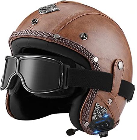 Bluetooth Jethelm mit Visier Retro Pilotenhelm Qualität nach ECE-Norm Roller-Helm für Frauen und Herren im Vintage-Look, Motorrad-Helm mit Schutzbrille