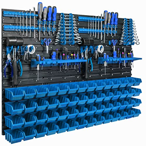 Lagersystem Wandregal 115x78cm, Werkzeughalterungen, 56 stck. Stapelboxen Schüttenregal Sichtlagerkästen, Extra Starke Wandplatten, Regal Erweiterbar, Werkstattregal Lagerregal Werkstattwandregal Ste