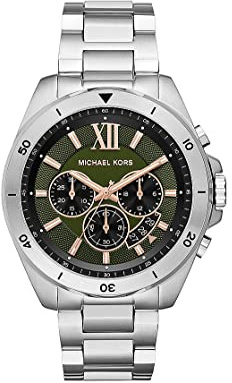 Michael Kors Brecken Herrenuhr, Chronographenwerk mit Edelstahl- oder Lederarmband, Silberton und saftiges Grün, 45MM
