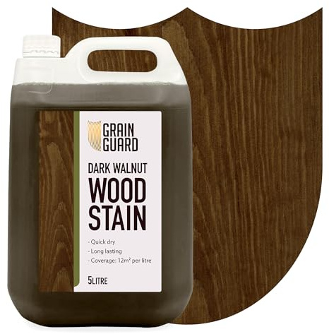 GRAIN GUARD Dark Walnut Wood Stain 5L – Water Based Wood Stain for Furniture, Doors & Cabinets – Interior Wood Dye, Low Odour, Eco Friendly, Non Toxic, Quick Dry, Easy Application | Eco-Friendly, Non-Toxic, VOC-Free Formula - For Furniture, Doors, Cabinets & Skirting - Quick Dry, Low Odour, Easy Apply