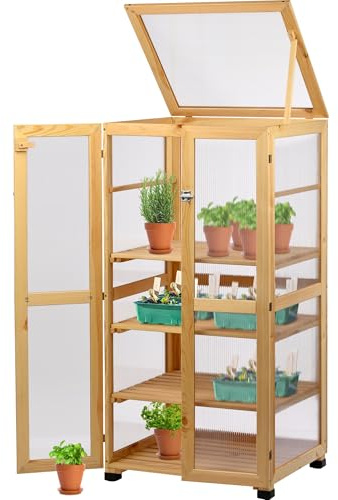 dobar® Großer Anzuchtschrank Dome aus Holz - Gewächshaus mit 4 Ablagen für Innen- und Außenbereich - Treibhaus mit Deckel und Türen - 56 x 52 x 116 cm - Natur
