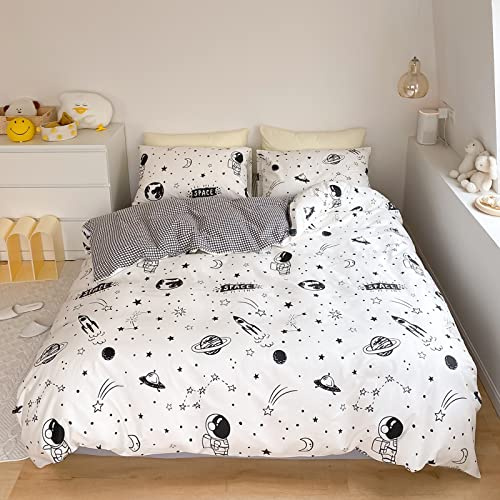 Lunoroey Space Duvet Cover Set King Size Bedding Black White Kids Bedding | Space Theme, Black And White Bedding, Kids Room Decor, Plant Universe Design, Ultra Soft Quilt Cover, Rocket Astronaut Design