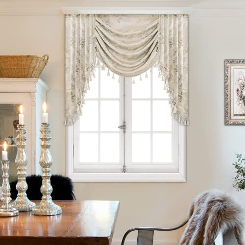 TOPLUXE Swag Valance for Windows, Damask Waterfall Valance with Tassels, Short Curtain for Bedroom Living Room Kitchen, Rod Pocket (Width 100cm, Light Champagne)