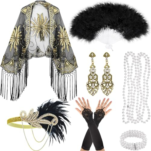 PLULON 8-teiliges 1920er-Jahre-Flapper-Accessoires-Set mit Fransen, Abend-Cape, Schal, Feder, Stirnband, Fächer, Ohrringe, Perlenkette, Armband, Handschuhe für Frauen