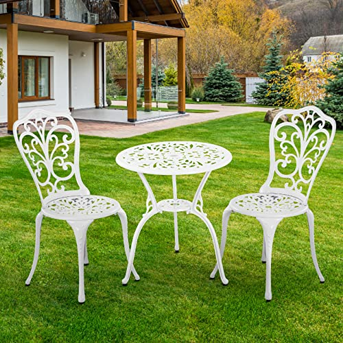 Withniture 3-delad uteplats set utomhus gjutet aluminium uteplats bistro bord och stolar set med 2 st, alla väder utomhus bistroset med 5 cm paraplyhål för främre veranda, trädgård (vit)