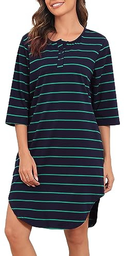 Vlazom Women’s Nightdresses Soft Cotton Stripe Nightshirt 3/4 Sleeve Sleep Dress Sleepwear with Pockets,Navy & Green Stripe,L