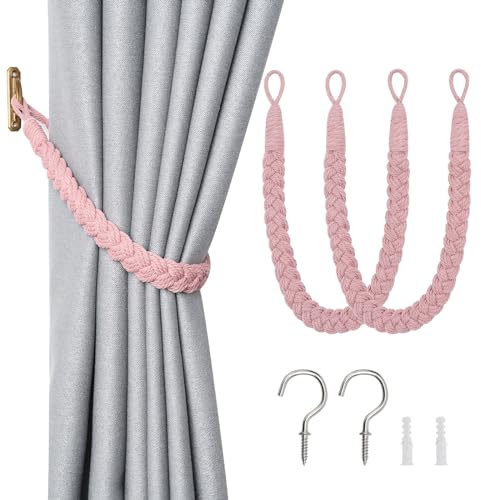 Pretty Jolly Lot de 2 embrasses de rideaux en corde de coton naturel de style bohème élégant et décoratif tissé à la main avec crochet en métal pour la maison et le bureau (rose)