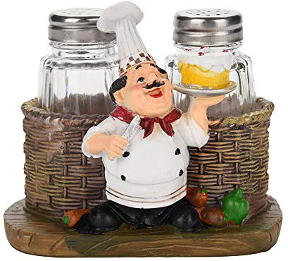 Fat Chef Ensemble de Salière et Poivrière pour Décoration de Cuisine, 14.5 x 13.5 x 11 cm Statue Décorative de Chef de Campagne Français, Organiseur D'épices avec Support, Cadeau pour Famille, Cuisine