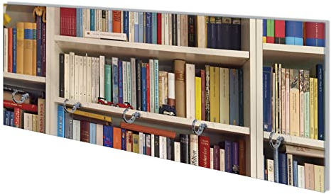 Wallario Wandgarderobe aus Glas in Größe 80 x 30 cm mit Memoboard-Funktion, Motiv: Weißes Bücherregal mit unterschiedlichen Büchern | 5 Kleiderhaken zum Aufhängen von Jacken