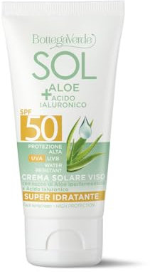 Bottega Verde - SOL Aloe e Acido Ialuronico, Crema Solare Viso, 50 ml, SPF 50, Idratante, Arricchita con Succo di Aloe Iperfermentato e Acido Ialuronico, Protezione Alta, per Tutti i Tipi di Pelle