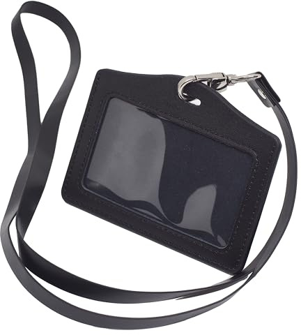 BAWAKO Ausweishüllen echt Leder, ID Kartenhalter Ausweishalter aus robustem Leder, ID Badge Holder mit PU leder Band (Schwarz, H)