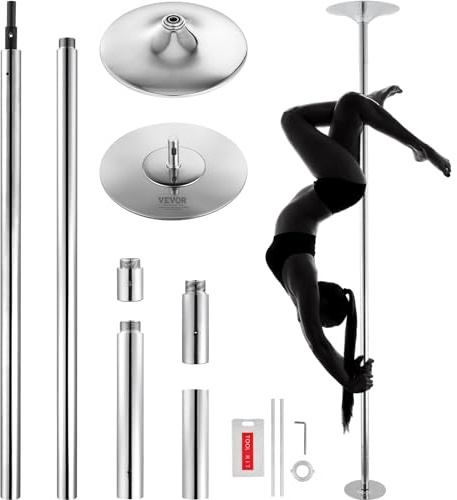 VEVOR Barre de Pole Dance Professionnelle, Pôle de Danse Statique et Rotatif, Kit de Danse à la Barre Verticale Amovible et Portable, Poteau en INOX Robuste 45 mm, Hauteur Réglable, pour Club Bar